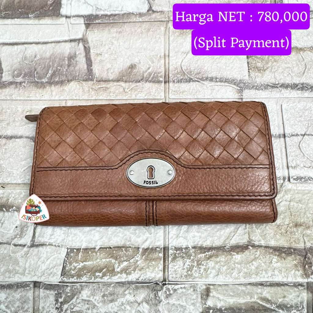 616# NET-Preloved Fossil Long Wallet Maddox Brown Anyam Dompet