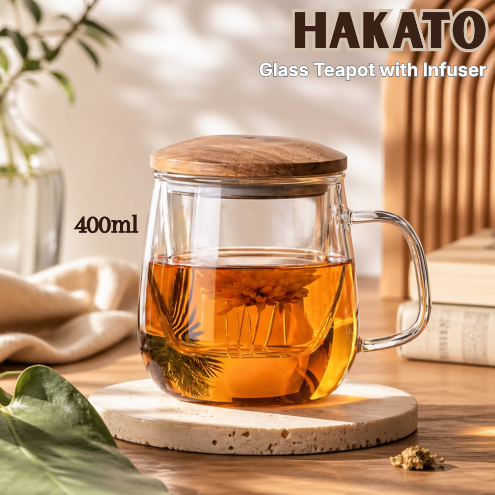 Gelas Kaca Tutup Kayu Gelas Infuser Gelas Saring Rempah Cangkir Teh Saringan Infused Glass Hakato 40
