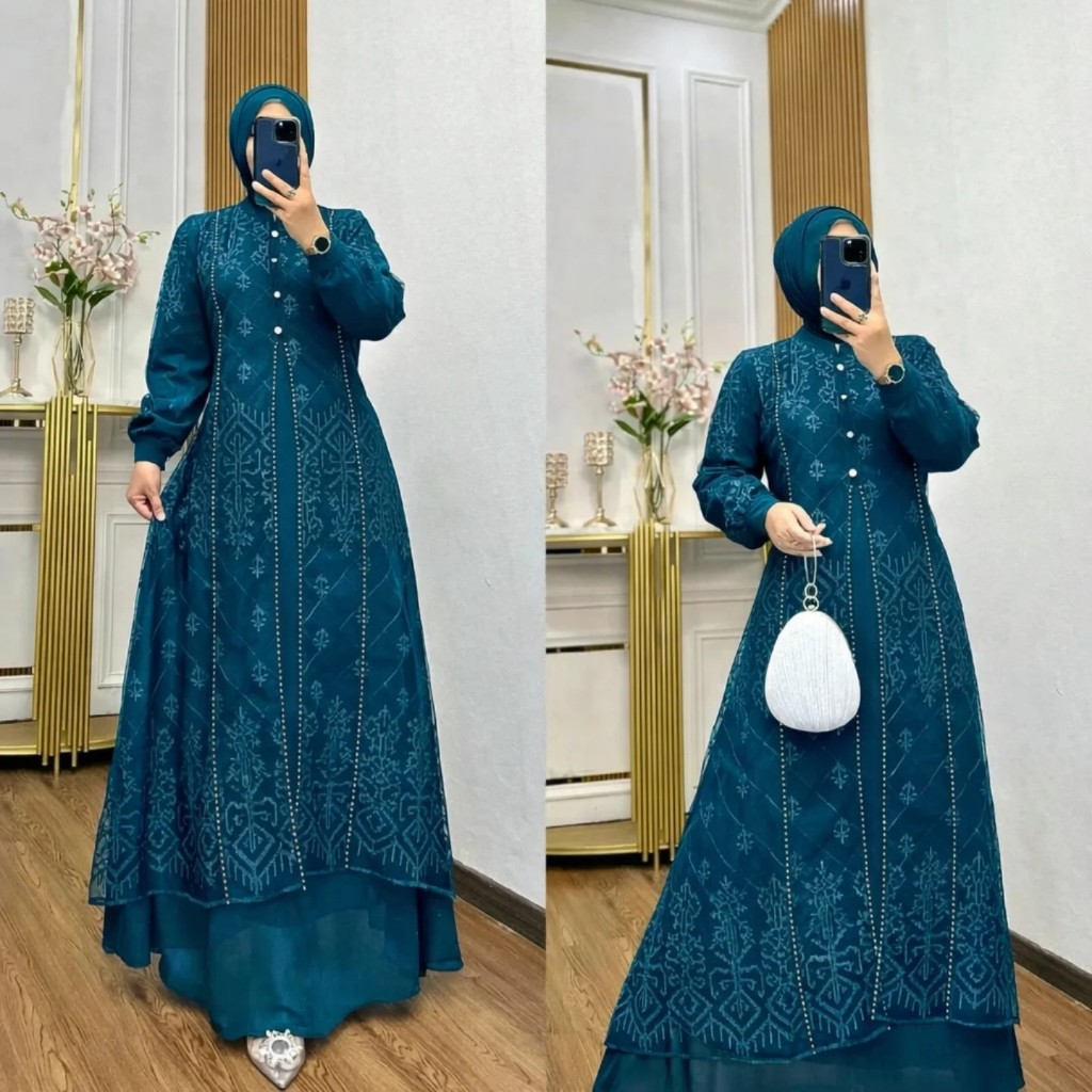 DENARA Dress Gamis Kondangan Busui Frendly Simple Elegan Bahan Ceruty Babydoll Mix Brokat premium pl