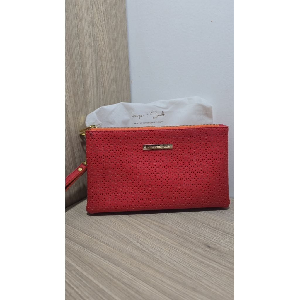 Harper & Smith Red Orange faux leather Clutch , Size 24x 14 x 3cm (PRELOVED, good condition) / Laser