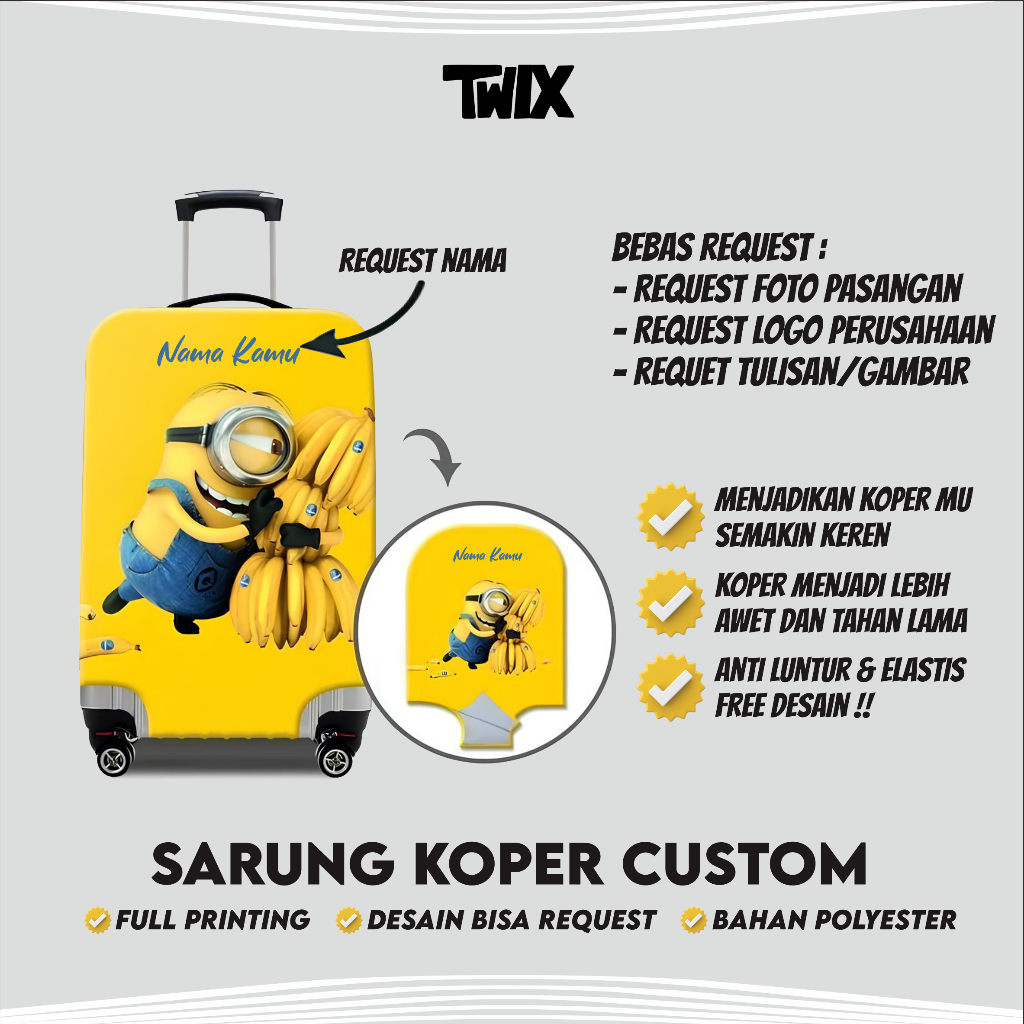 Sarung Koper Custom unik Full Printing Tema Minion Request Nama Sendiri Pelindung Koper Request Nama
