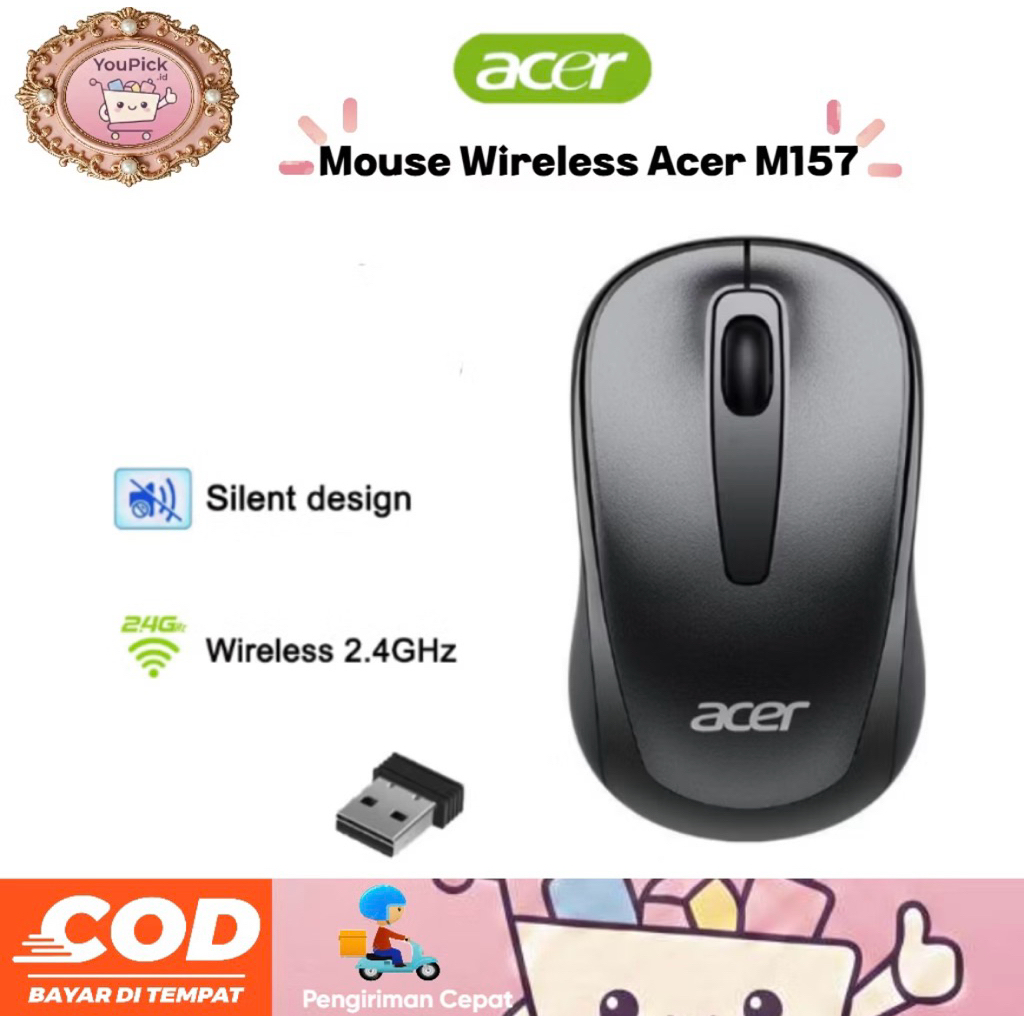 Acer M157 Mouse Hitam Wireless 2.4GHz Silent Click - Original