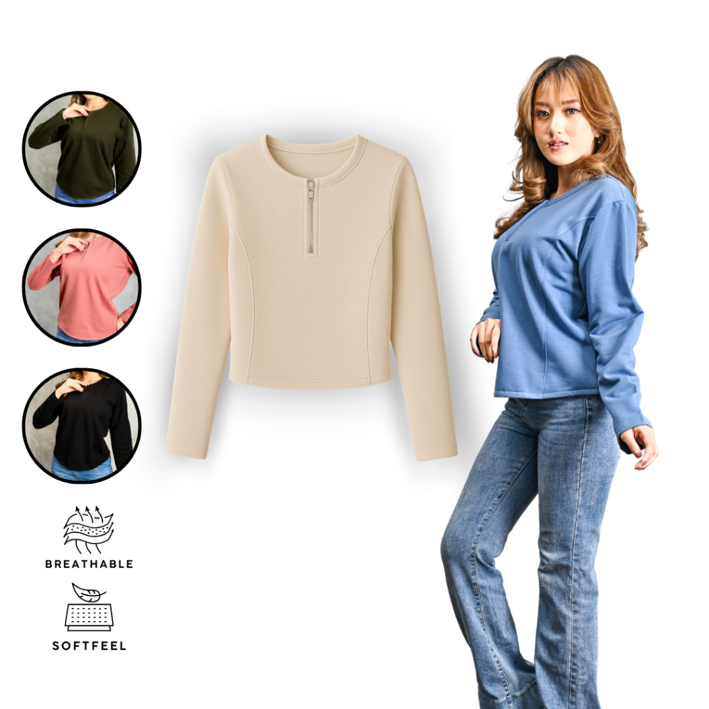 Atasan Wanita Sweater Purbasari Lengan Panjang Basic Polos Casual Hijau Army Kaos Cewek Daily Wear