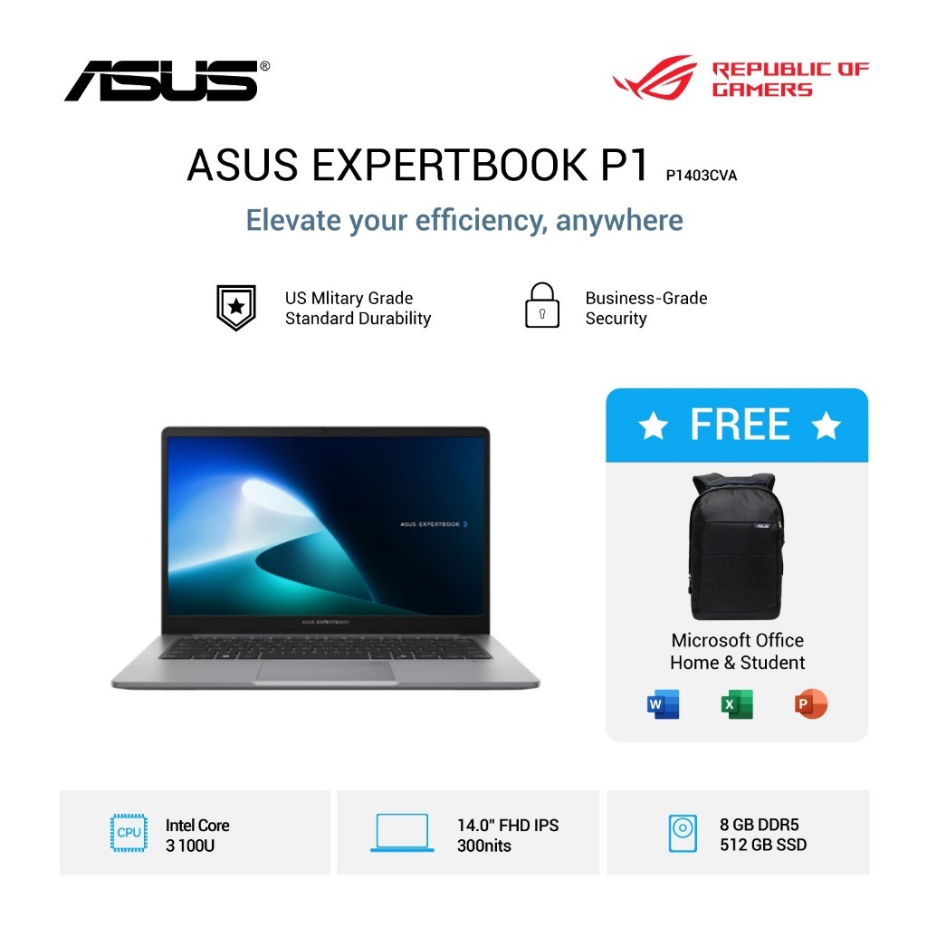 Asus Expertbook P1403CVA S63852WS - Intel Core 3 100 Ram 8GB Storage 512GB SSD Windows 11 + OFFICE 1