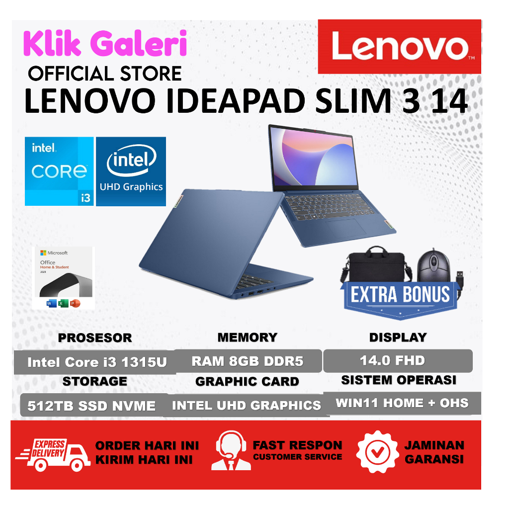 LENOVO Ideapad Slim 3i 14 Laptop Baru Intel Core i3 GEN 13 8GB 1TB Full HD Windows 11+OHS