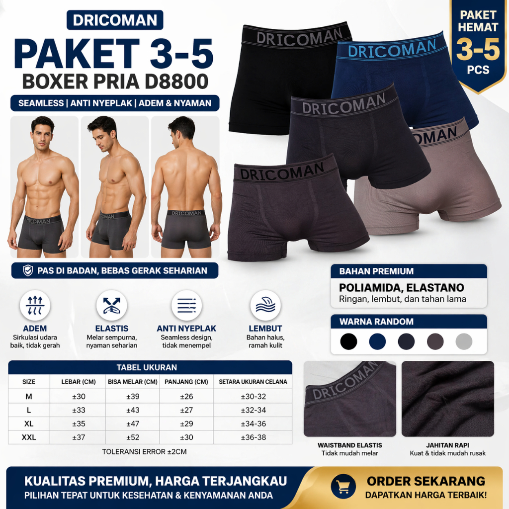 Paket 3-5 Boxer Pria DRICOMAN D8800 | Seamless Anti NYEPLAK | Adem & Nyaman | Size M - XXL