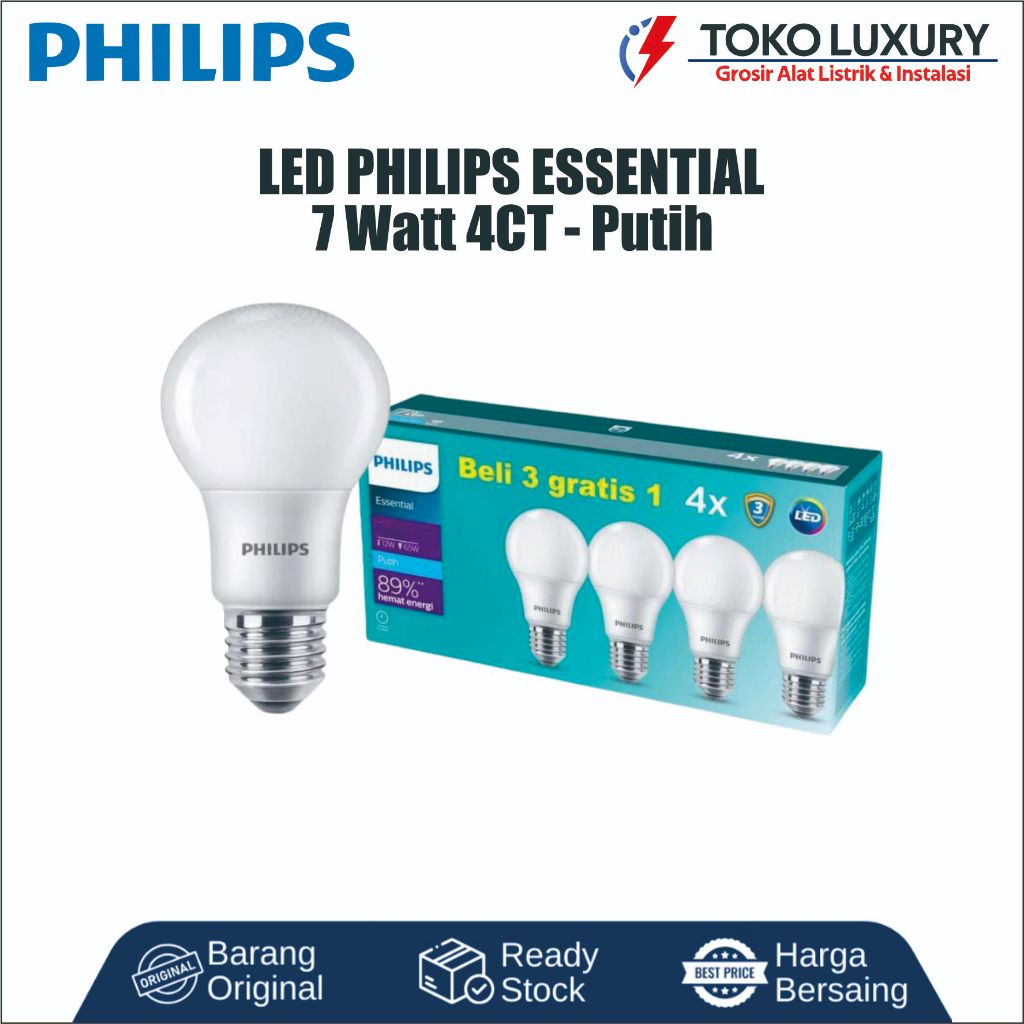 Lampu LED Philips 7 Watt Essential E27 Paket 4 Pcs Beli 3 Gratis 1 Terang Hemat Listrik Original