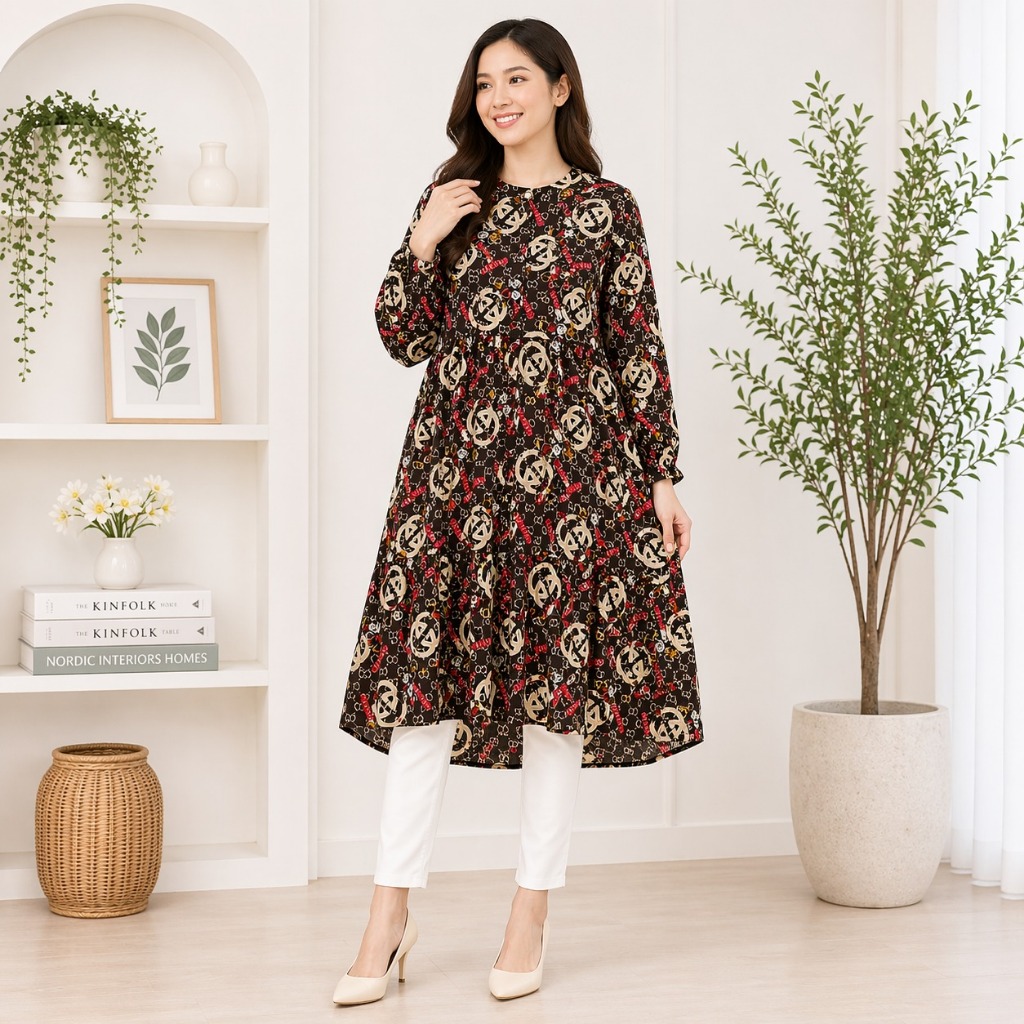 Obral Atasan Lengan Panjang / Tunik Katun Rayon Wanita Motif