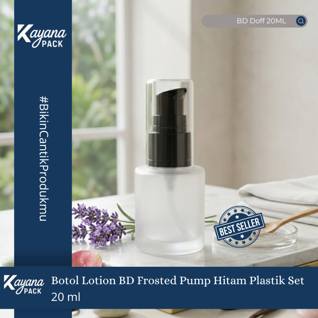 BOTOL FOUNDATION KACA FROSTED DOFF 20ML PUMP HITAM SET / BOTOL LOTION KACA DOFF 20 ML PUMP HITAM SET