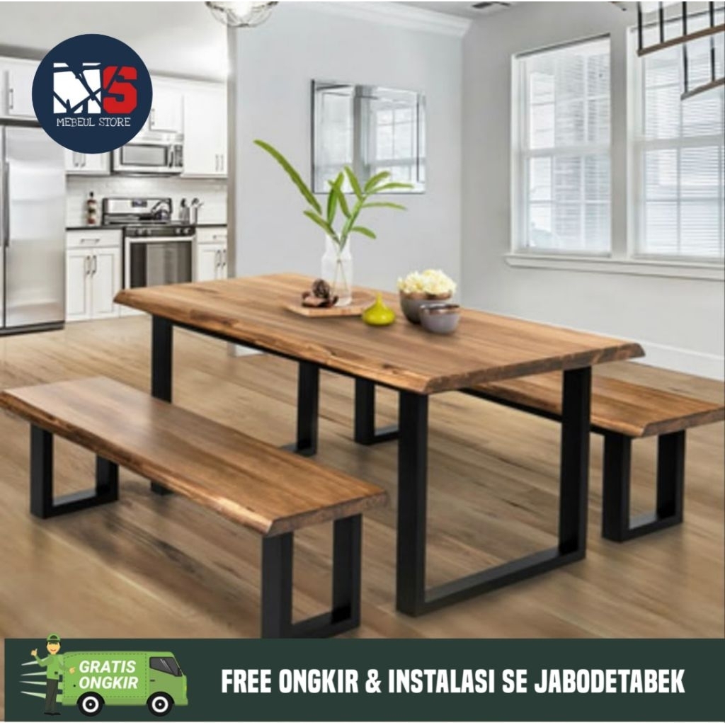 meja makan set bangku kayu mahoni - meja makan 180 × 80 cm - set meja makan kayu mahoni