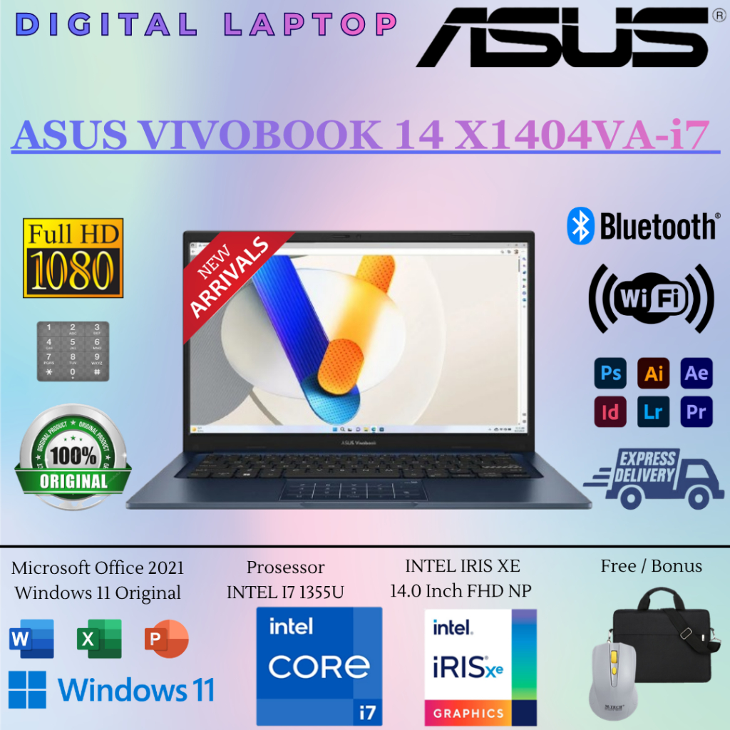 Laptop ASUS VivoBook 14 X1404VA Intel i7 1355U RAM 16GB/1TB SSD FHD NumPad W11 - Laptop Baru