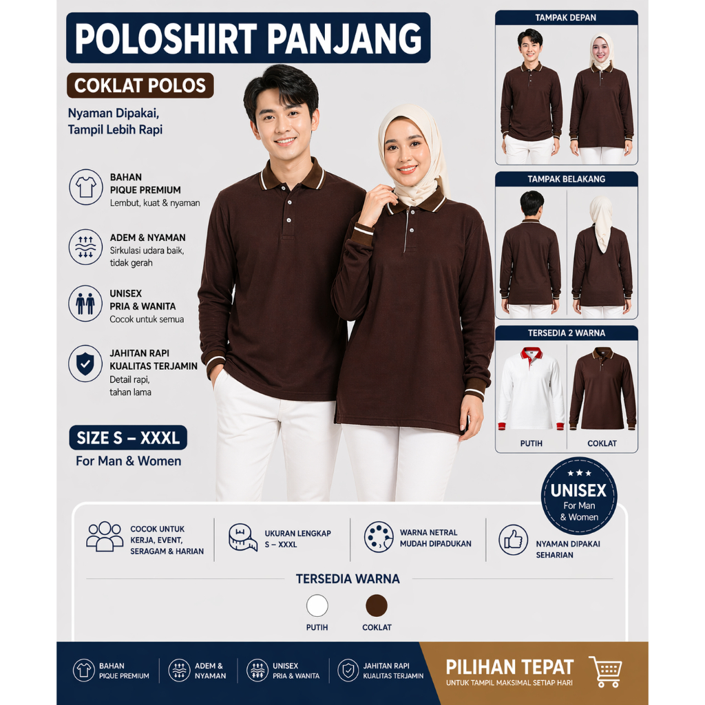 Kaos Polo Panjang Unisex Coklat Kerah Abu | Poloshirt Lengan Panjang Nyaman & Fit Rapi