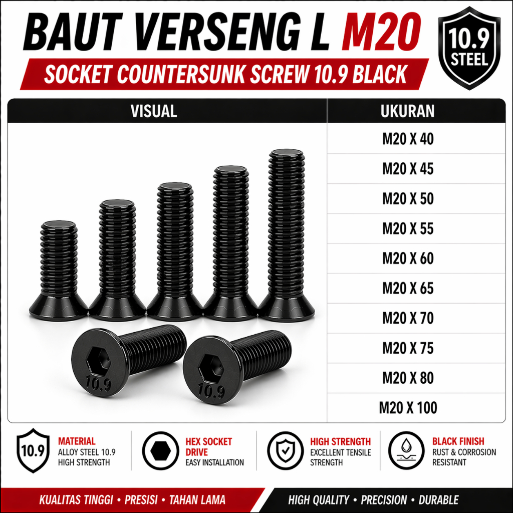 Baja 10.9 Baut JFL M20X70 / Baut Verseng L 20X70 / Countersunk L M20 X 70 / 20 X 70  - Socket Counte