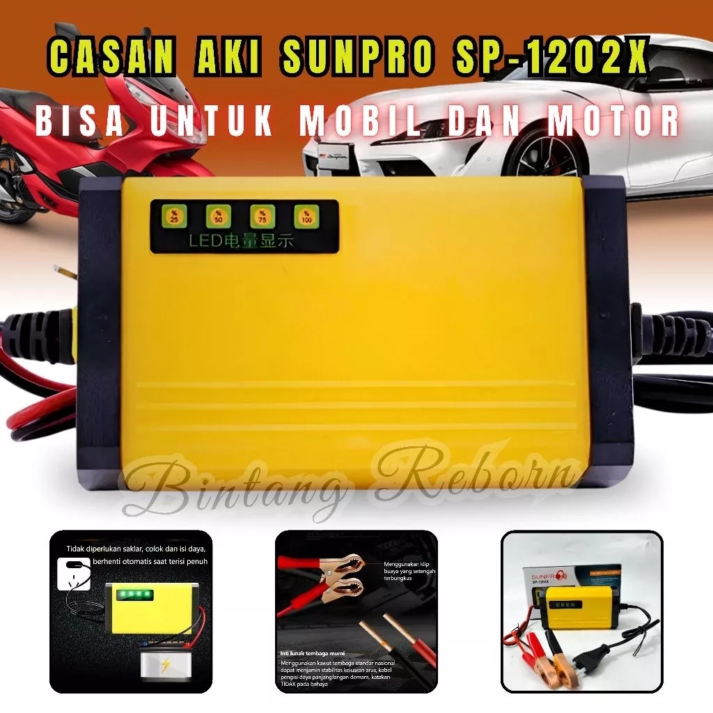 Asli Charger Aki Motor Mobil 12V 2A LED Safe Adaptor Charger Aki Pengisi Daya Cepat Aki Sunpro SP-12