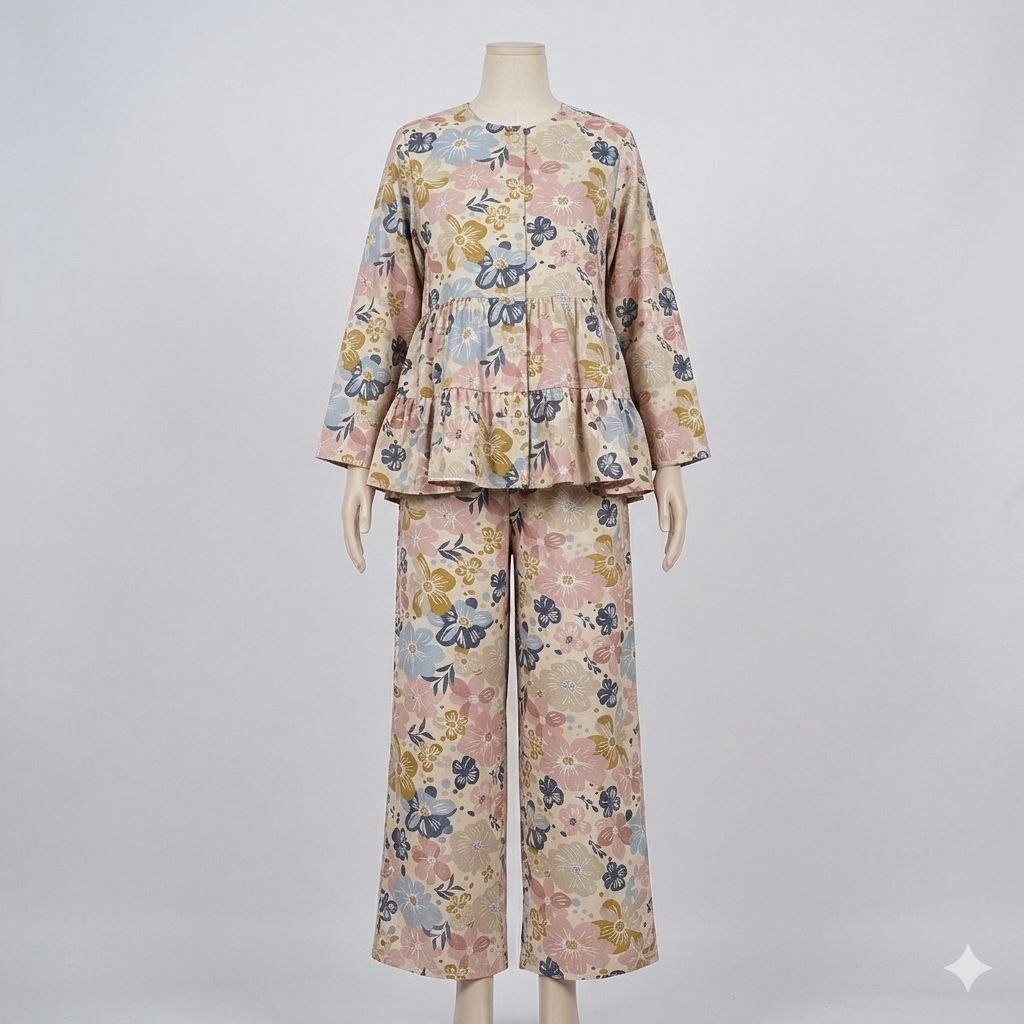 Setelan Wanita Kekinian LD 110-115 cm Setcel Peplum Viral Baju Tidur Rayon Dingin Motif Daisy Gingha