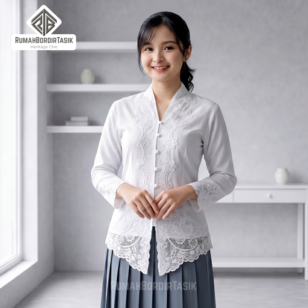 Kebaya Encim Putih Sekolah Remaja SMA Perempuan Bordir Polos Senada