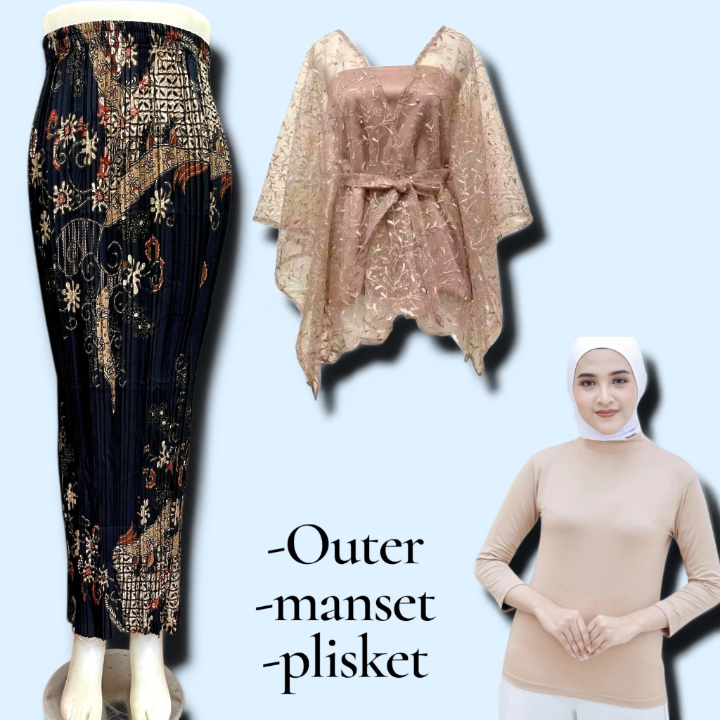 One Set Brokat Outer Kondangan Wanita Modern Rok Plisket Batik Premium