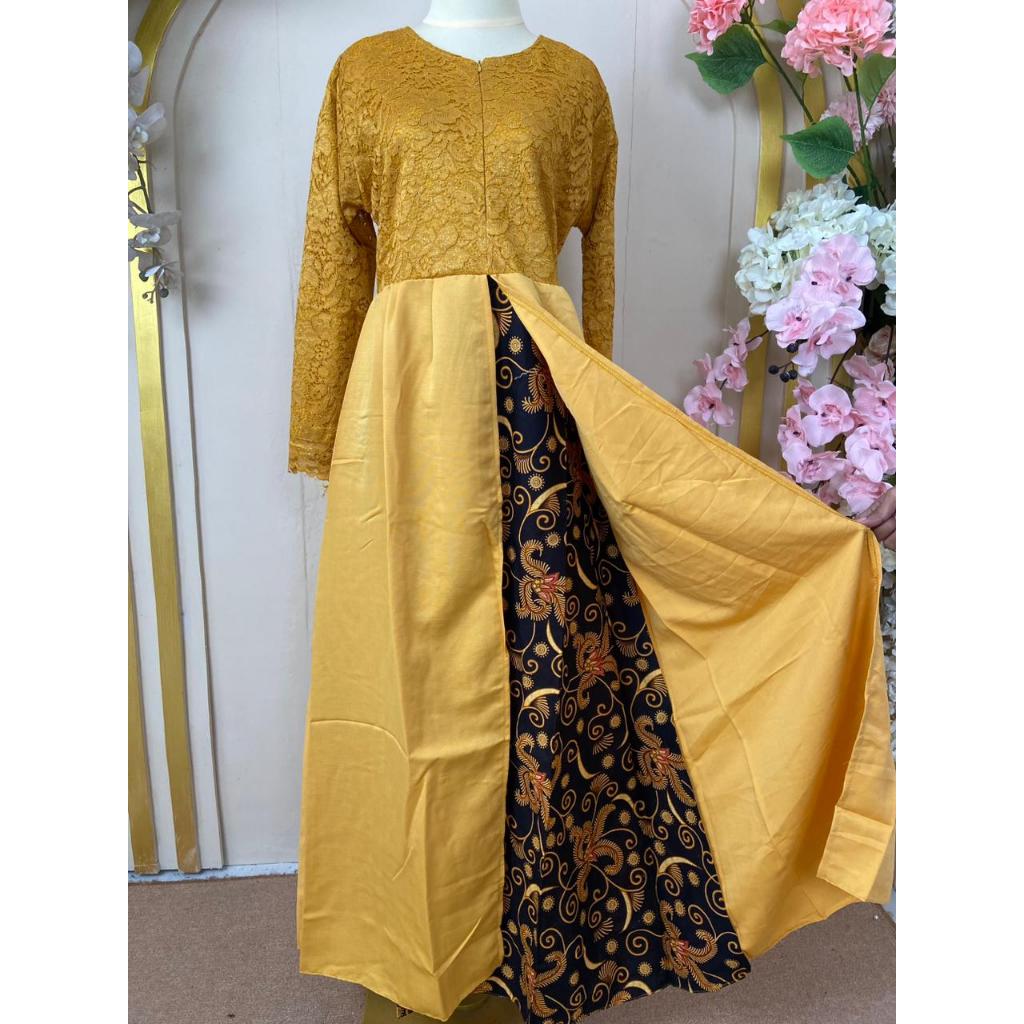 Batik Rais - Ranami Gamis Brokat Kombinasi Katun Batik Motif Baju Dress Muslim Mewah Kondangan