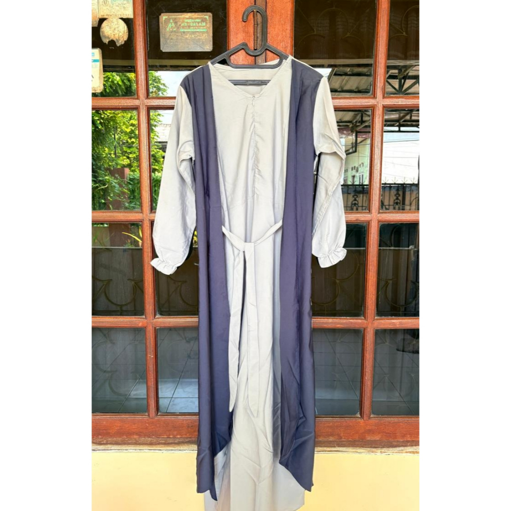 Gamis Wanita Kombinasi Silver Navy | Dress Panjang Casual Elegan | Baju Muslim Murah | PRELOVED