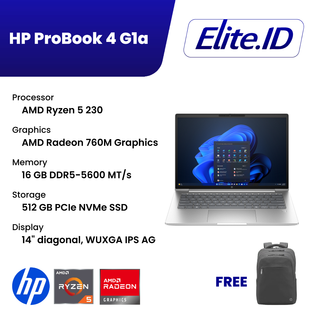 HP ProBook 4 G1a Ryzen 5 230 16GB 512GB SSD 14"IPS Radeon 760M IR Win11Pro
