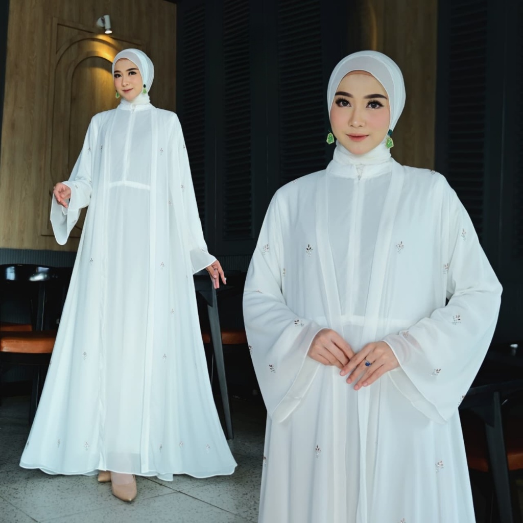 New Dress Alzeya Inner Outer Cerutty Mix Swarovski Warna putih  Gamis Pesta Mewah Elegan 2026