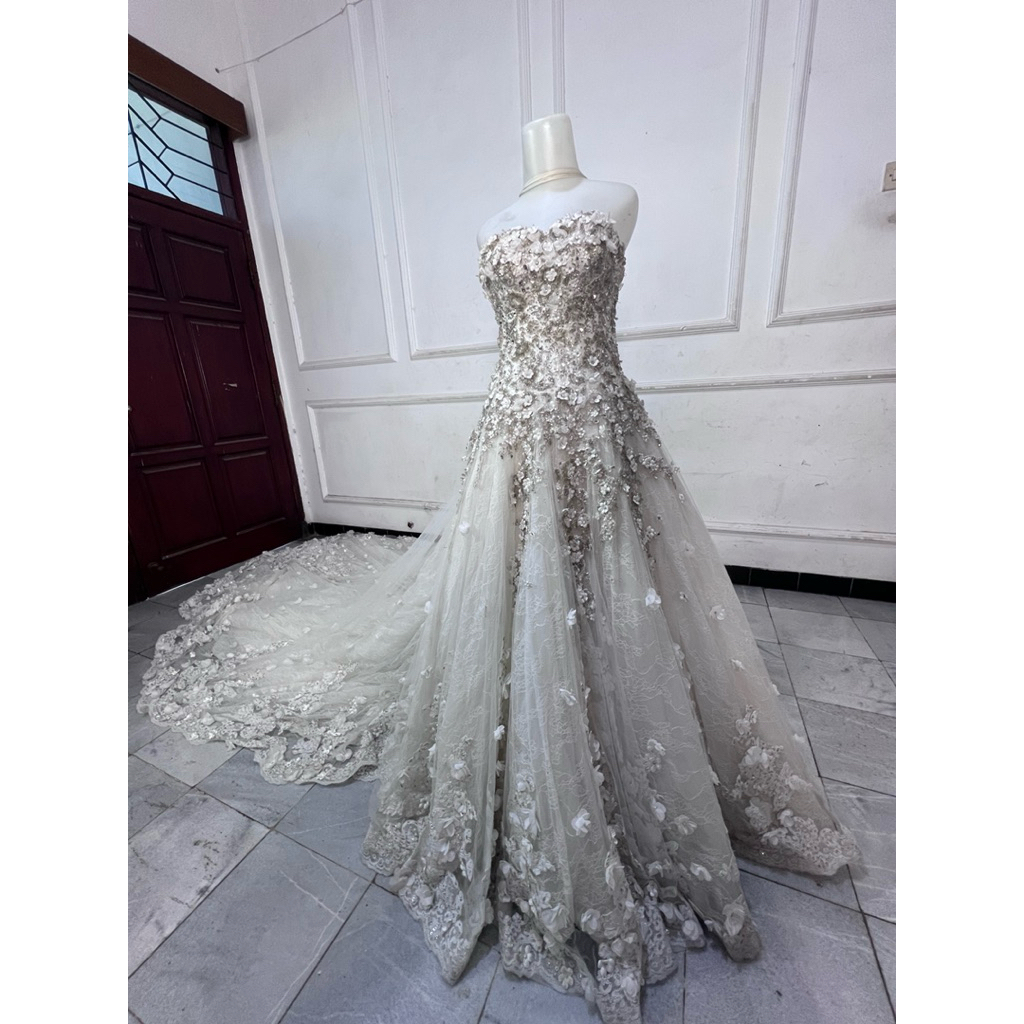 GAUN PESTA GAUN PENGANTIN FLORAL PAYET SEKEN SECOND PRELOVED