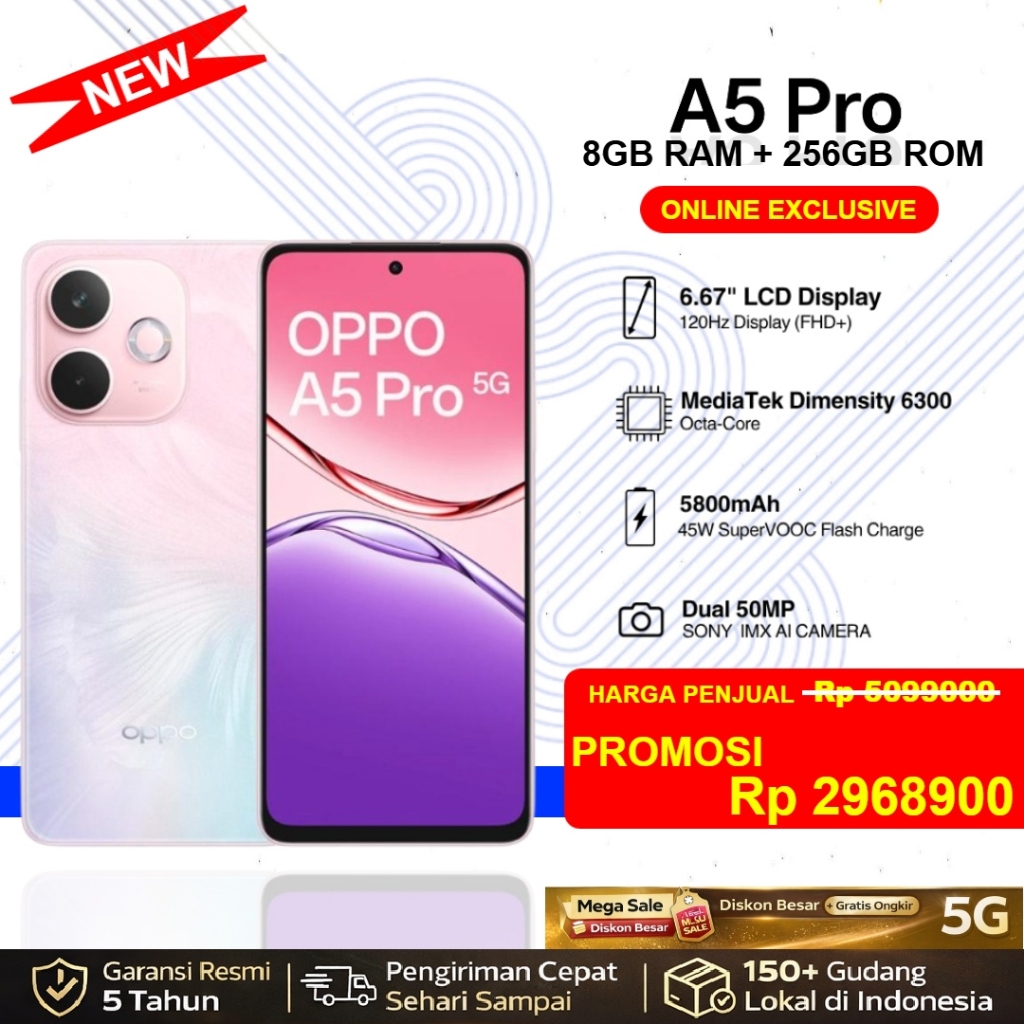 (OPPO a5 Pro) (5G) | Layar 6.67" 120Hz | Kamera 50MP | -8GB RAM + 256G ROM- | IP68 NFC HP Tahan Air.