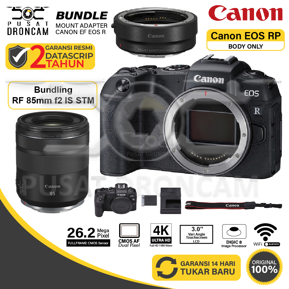 Canon EOS RP Body Only / RF 16MM F2.8 / RF 35MM F1.8 / RF 50MM F1.8 / RF 85MM F2 Mirrorless Camera P