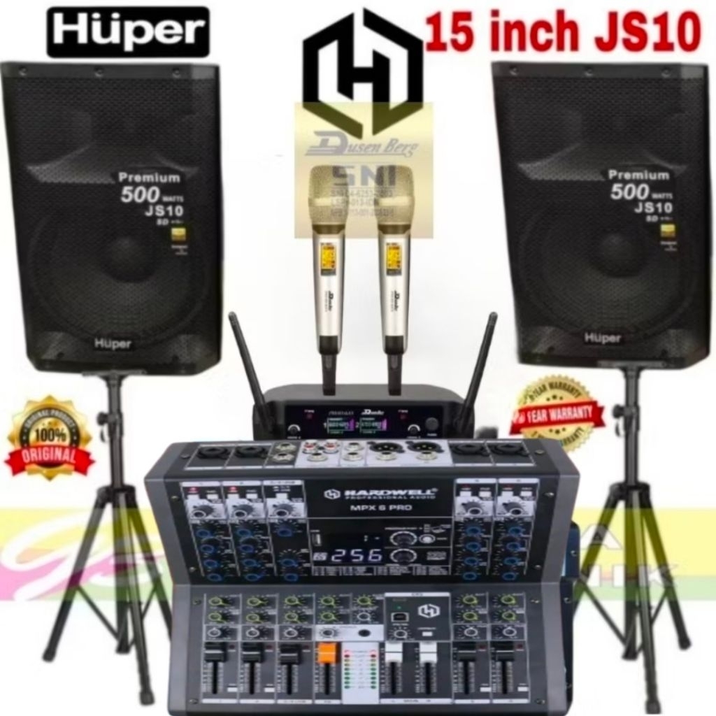 Paket Speaker Aktif Huper 15 in JS10 mixer HARDWELL 6 Channel Bluetoot