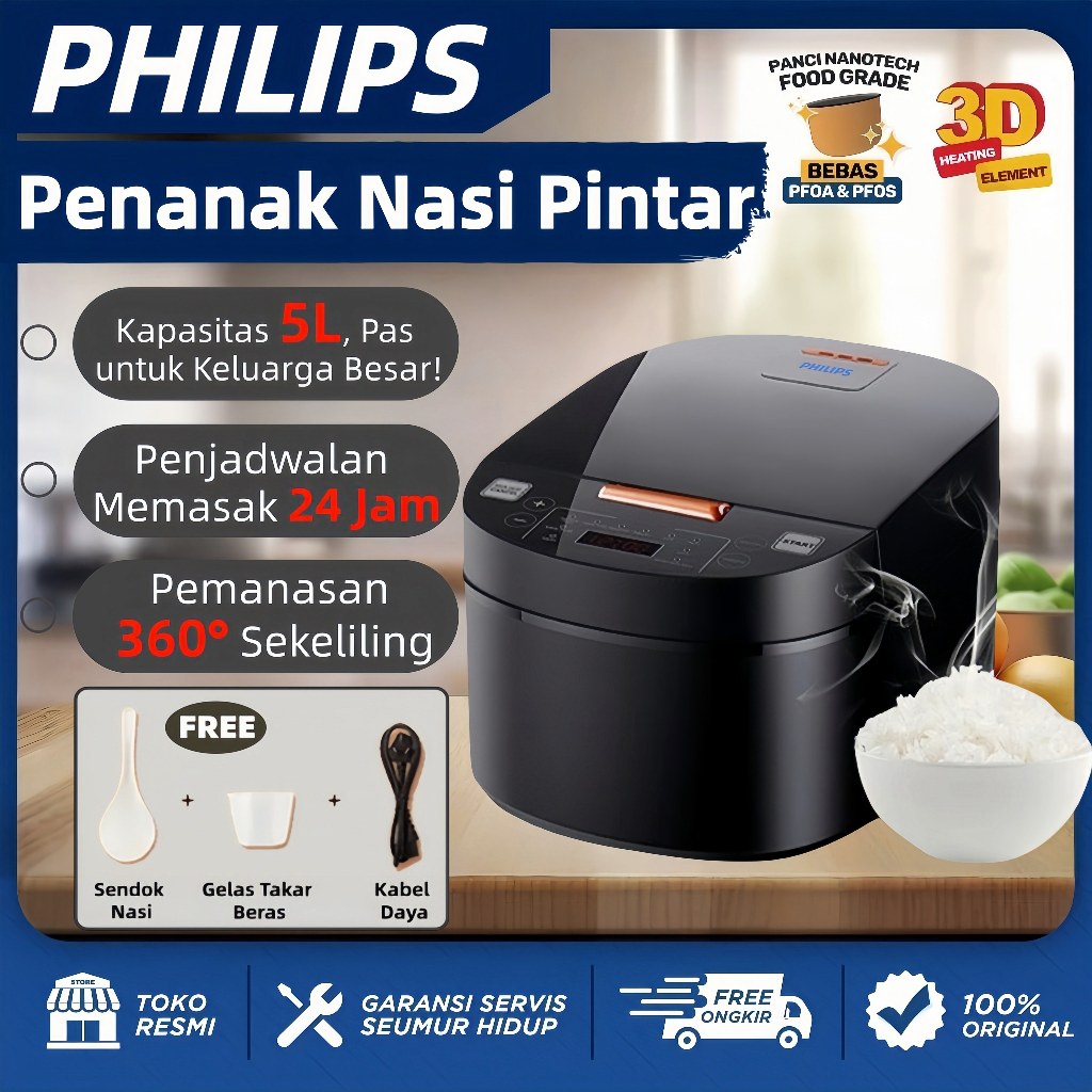PHILIPS Penanak nasi 5 liter Rice Cooker penanak nasi sehat multi-fungsi rendah karbohidrat kapasita
