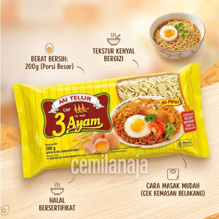 MIE TELUR CAP 3 AYAM 200 GRAM MI TELUR TOKO SEMBAKO BANDUNG MURAH
