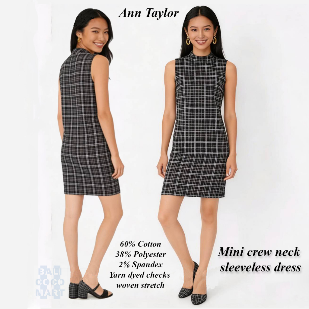 Dress midi wanita turtle neck kotak sleeveless tanpa lengan