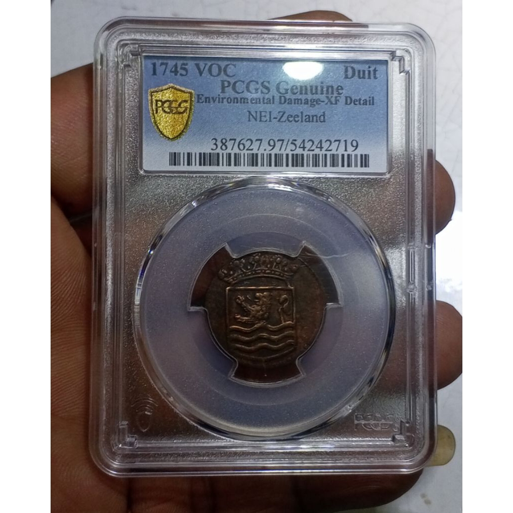 Koin VOC 1 Duit West Zeeland 1745 PCGS XF-Detail