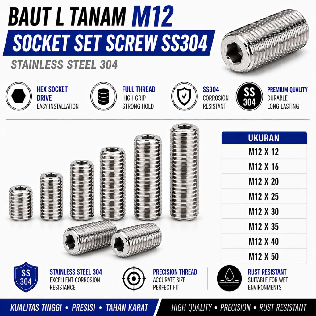 Baut L Tanam M12X12 / L Set 12X12 / Baut Tanam L M12 X 12 / L Set  12 X 12  - Socket Set Screw Stain
