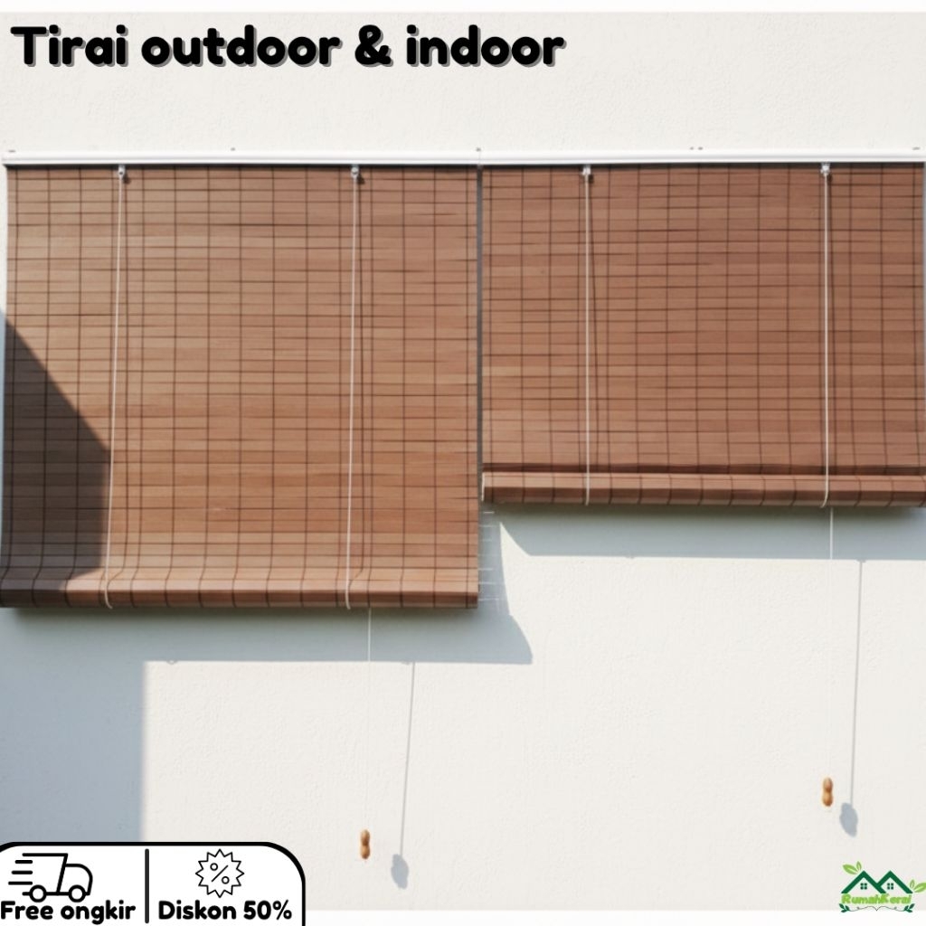 Tirai Kerey Gulung Kayu Outdoor Anti UV & Hujan
