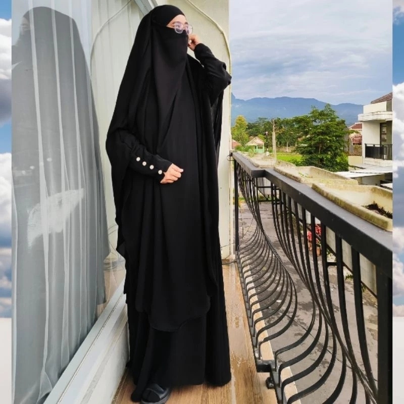 GAMIS Abaya Veloxa Bahan Sultan Fursan Set French Khimar Wanita Muslim Syari Dress Hitam Jetblack FK