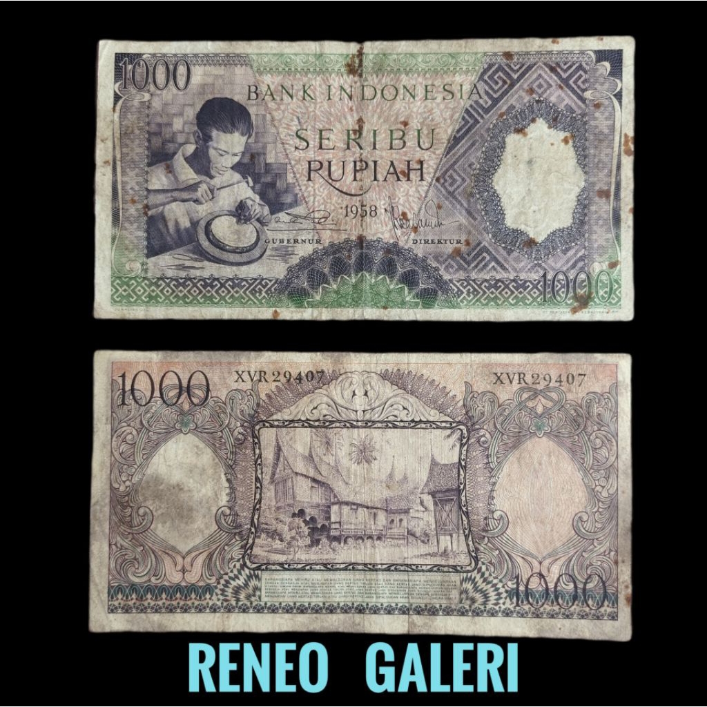 VF 1000 Rupiah seri pekerja tangan tahun 1958 Rp 1.000 uang kertas kuno violet hijau ijo duit lama j