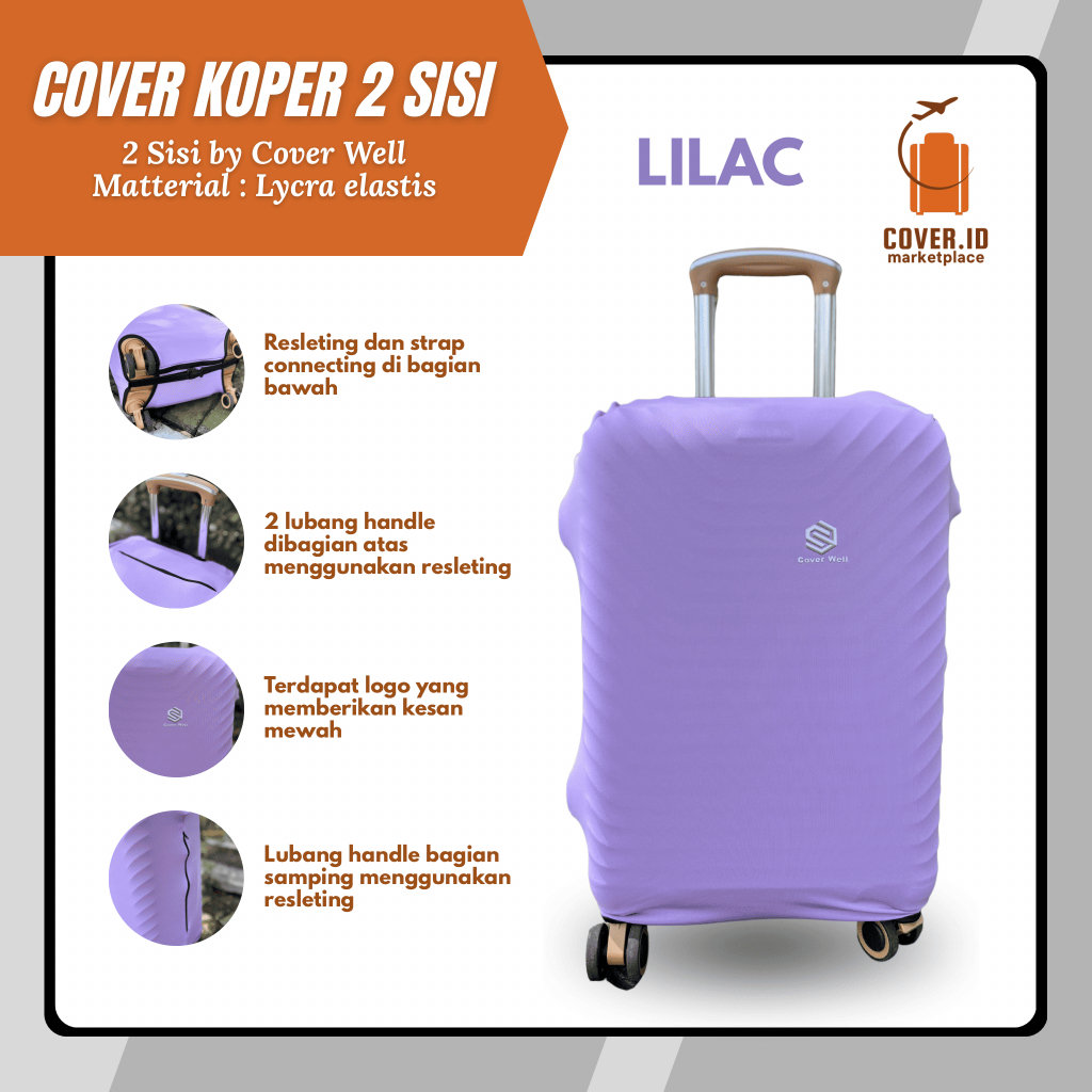 Cover Koper / sarung pelindung koper warna lilac 2 Sisi Lycra Elastis Dengan Logo Elegan Dan Resleti