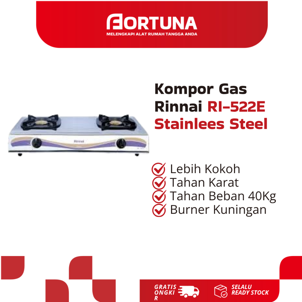 RINNAI KOMPOR STAINLESS STEEL RI 522E / RI-522E / RI 522 E / RI522 E (2 TUNGKU) GARANSI RESMI