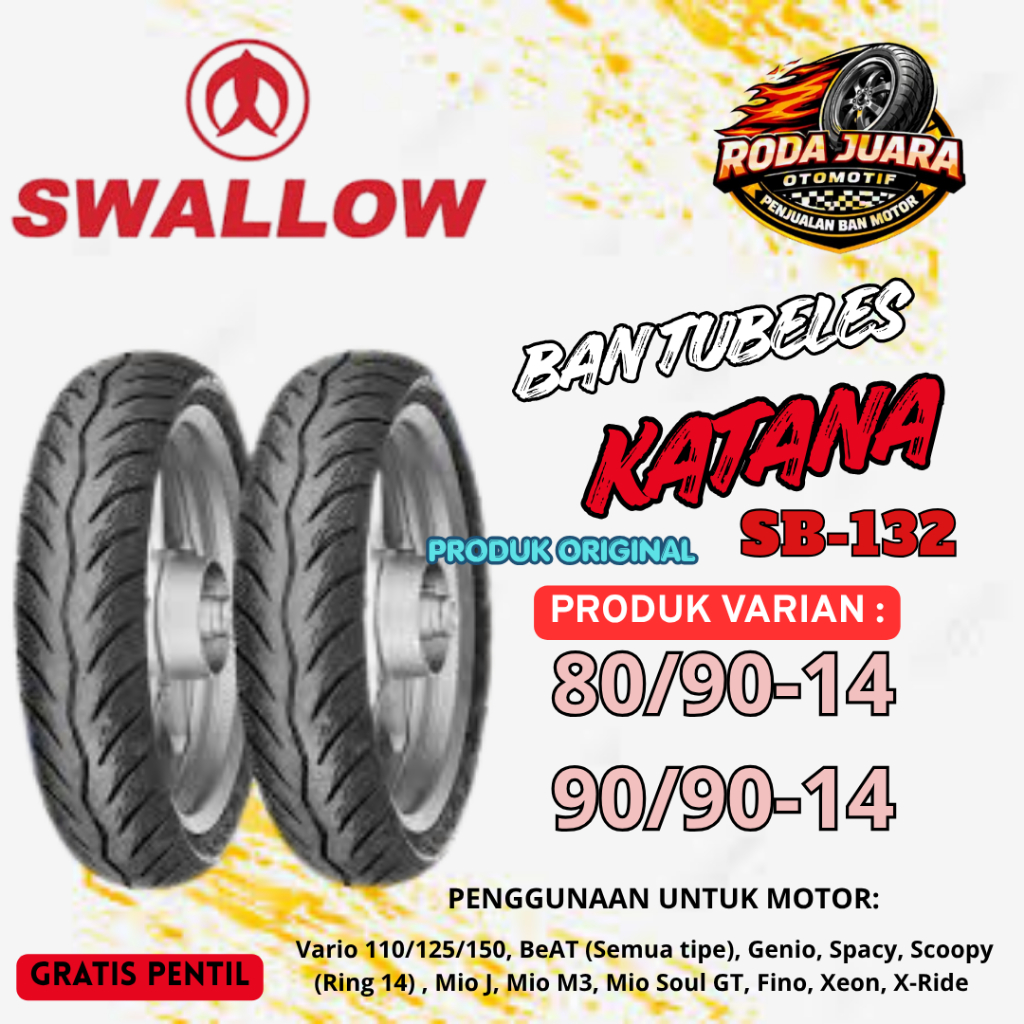 Ban Swallow Katana Tubeless 80/90-14 90/90-14 Ring 14 Original Ban Motor Matic Beat Scoopy Mio Anti 