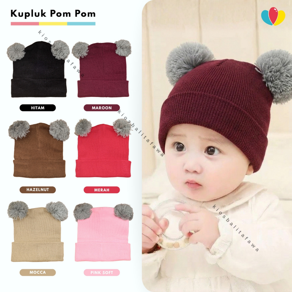 Kupluk Bayi Pom Pom Rajut / Kupluk Bayi Topi Rajut Lucu Pom Pom Perempuan Laki Laki Tebal Premium Im