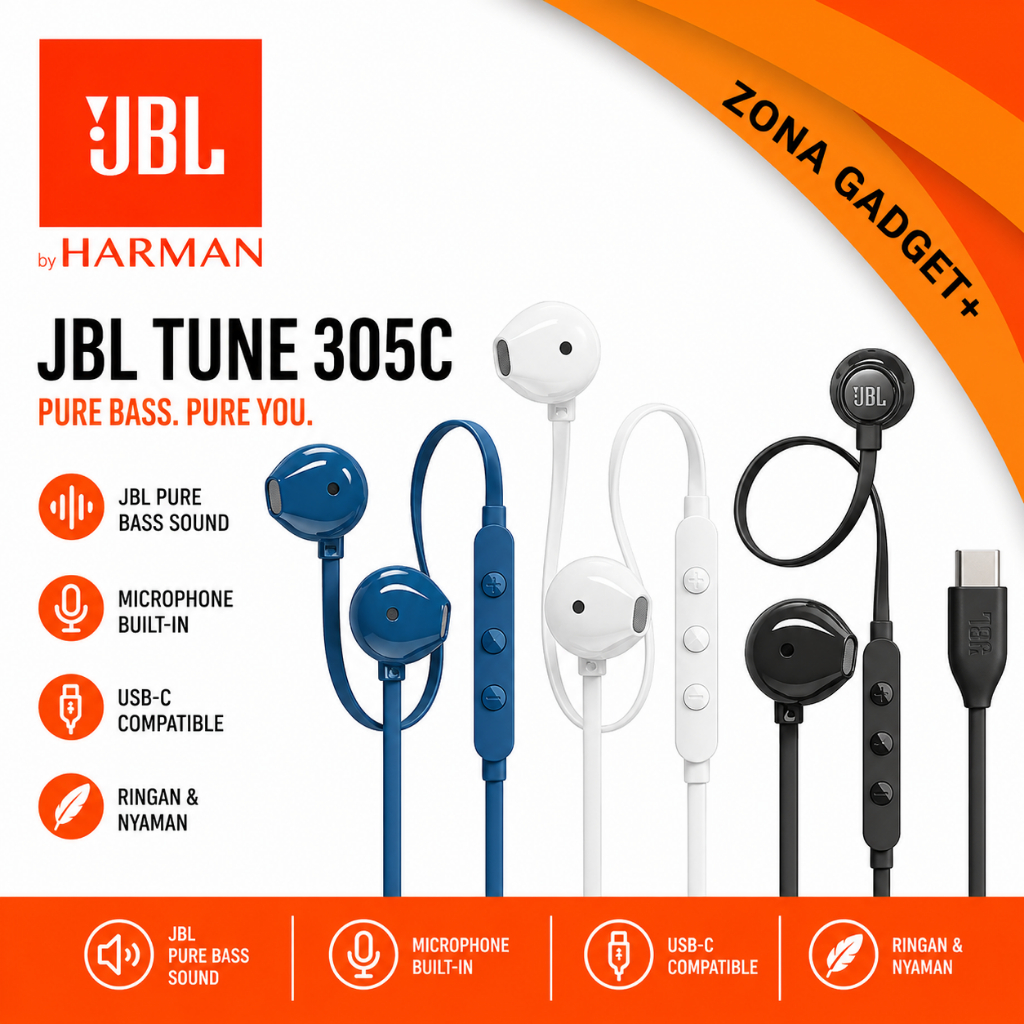 JBL TUNE 305 C USB C Wired Type C Hi-Res Earphones Super Bass Original Harman