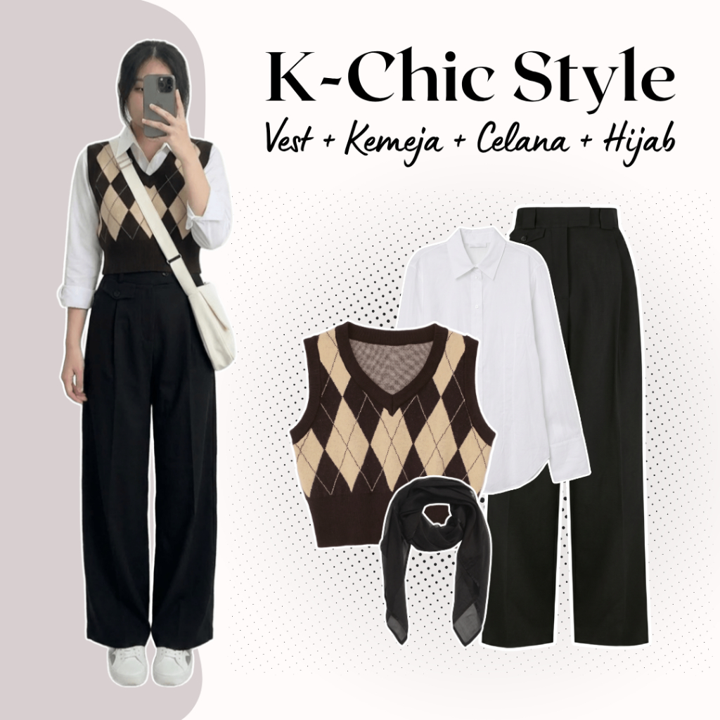 One Set Wanita Kekinian Korea Hijab | Vest, Inner Kemeja, Celana, Hijab | Setelan Outfit Wanita