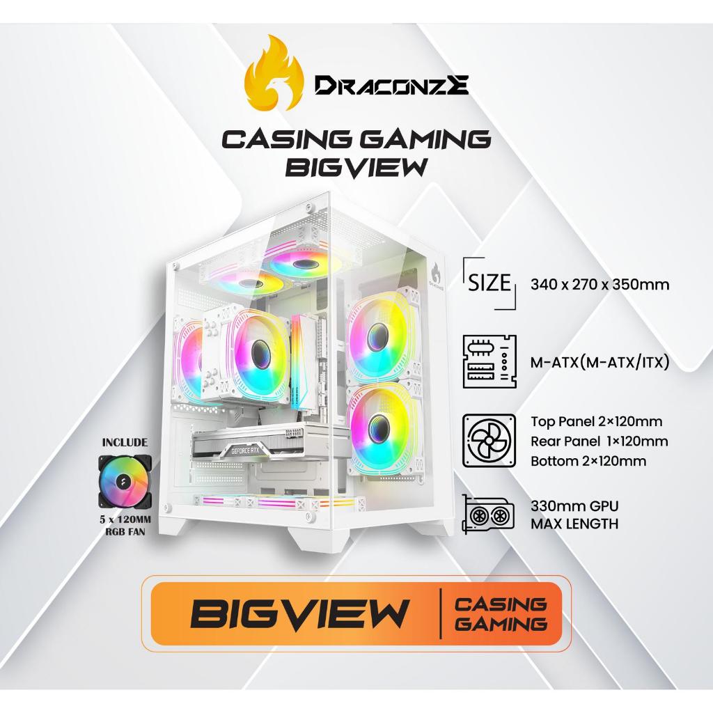 GAMING CASE / CASE GAMING / CASING GAMING DRACONZE BIGVIEW WHITE FREE 5 FAN RGB