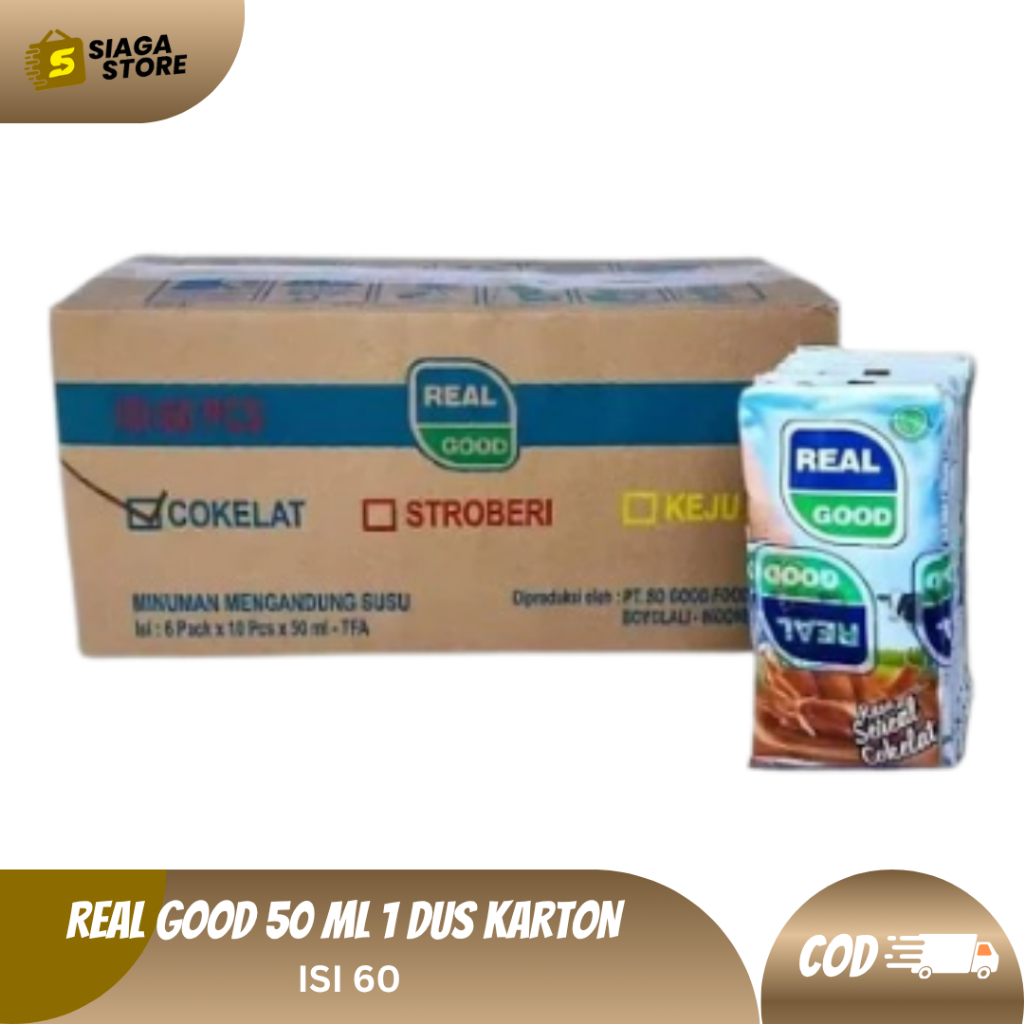 Real Good Susu Bantal 1 DUS KARTON ISI 60 Botol 50 ML SUSU REAL GOOD  Rasa Cokelat, Keju, Strawberry