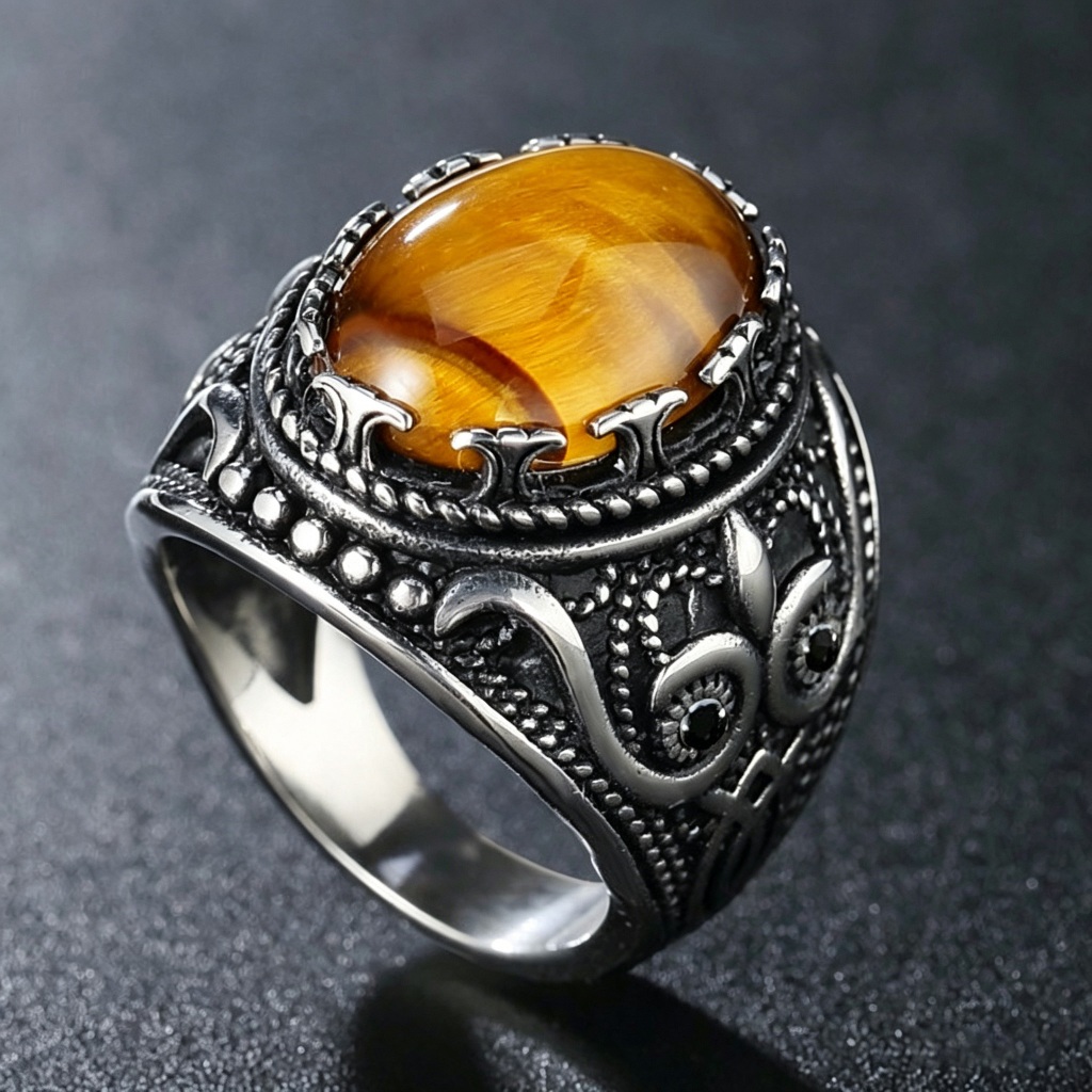 Cincin Pria Batu Mata Harimau Motif Ukir Vintage Punk Baja Titanium Keren Fashion Sehari-hari
