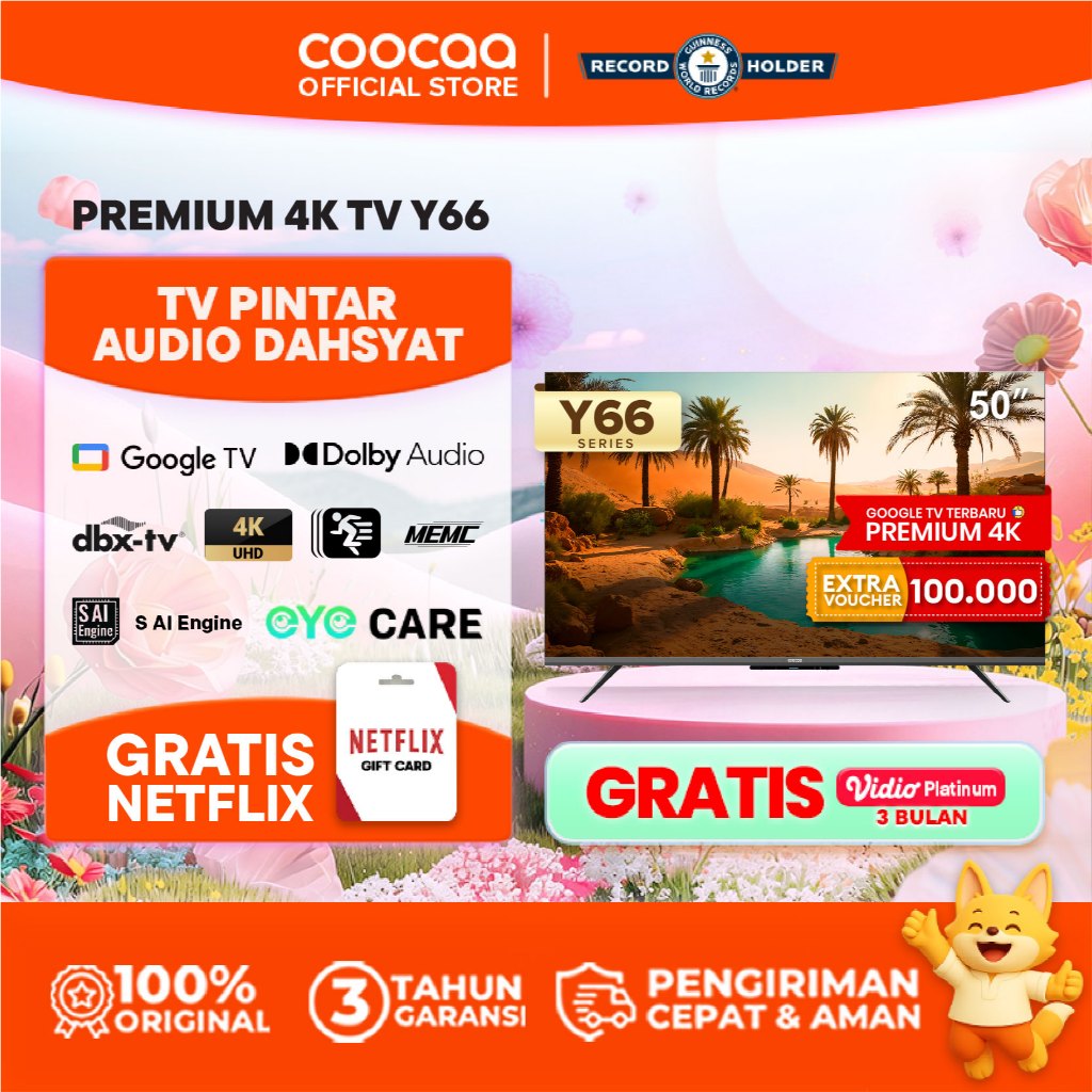 TERBARU COOCAA TV 50 inch Y66 - 4K Google TV - S AI Engine - MEMC - HDR10/HLG - Find My Remote - Eye