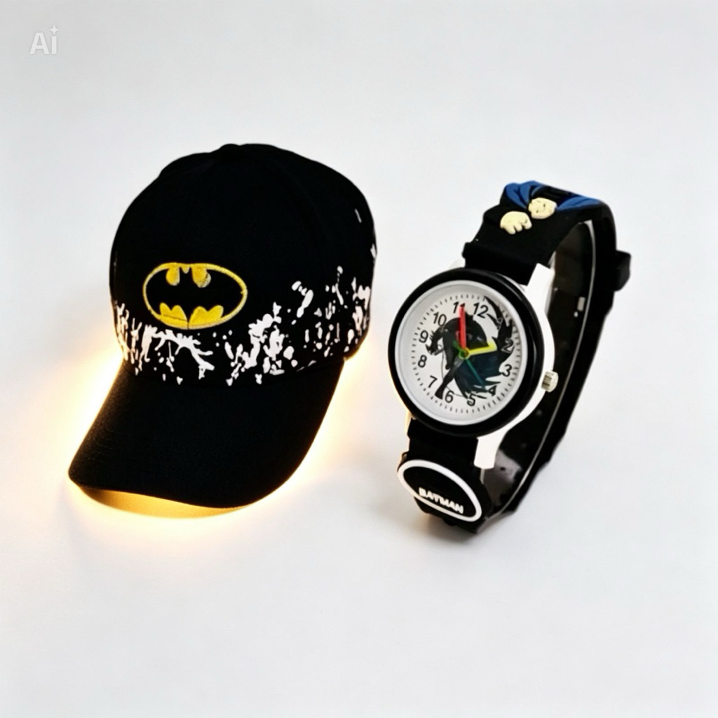 (Cod)Jam Tangan Anak-Anak Timbul Batman+Topi Umur 3/7 Tahun Strap Rubber/Dikirim Jakarta)