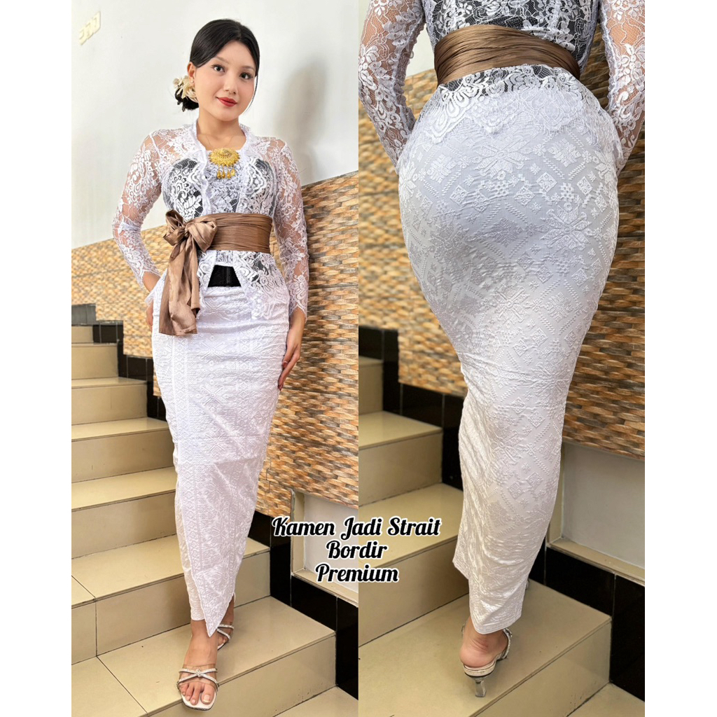 Kamen Jadi Strait Bordir Special Putih | Rok Bali | Kamen Putih | Rok Setelan Kebaya Wanita Bali | R