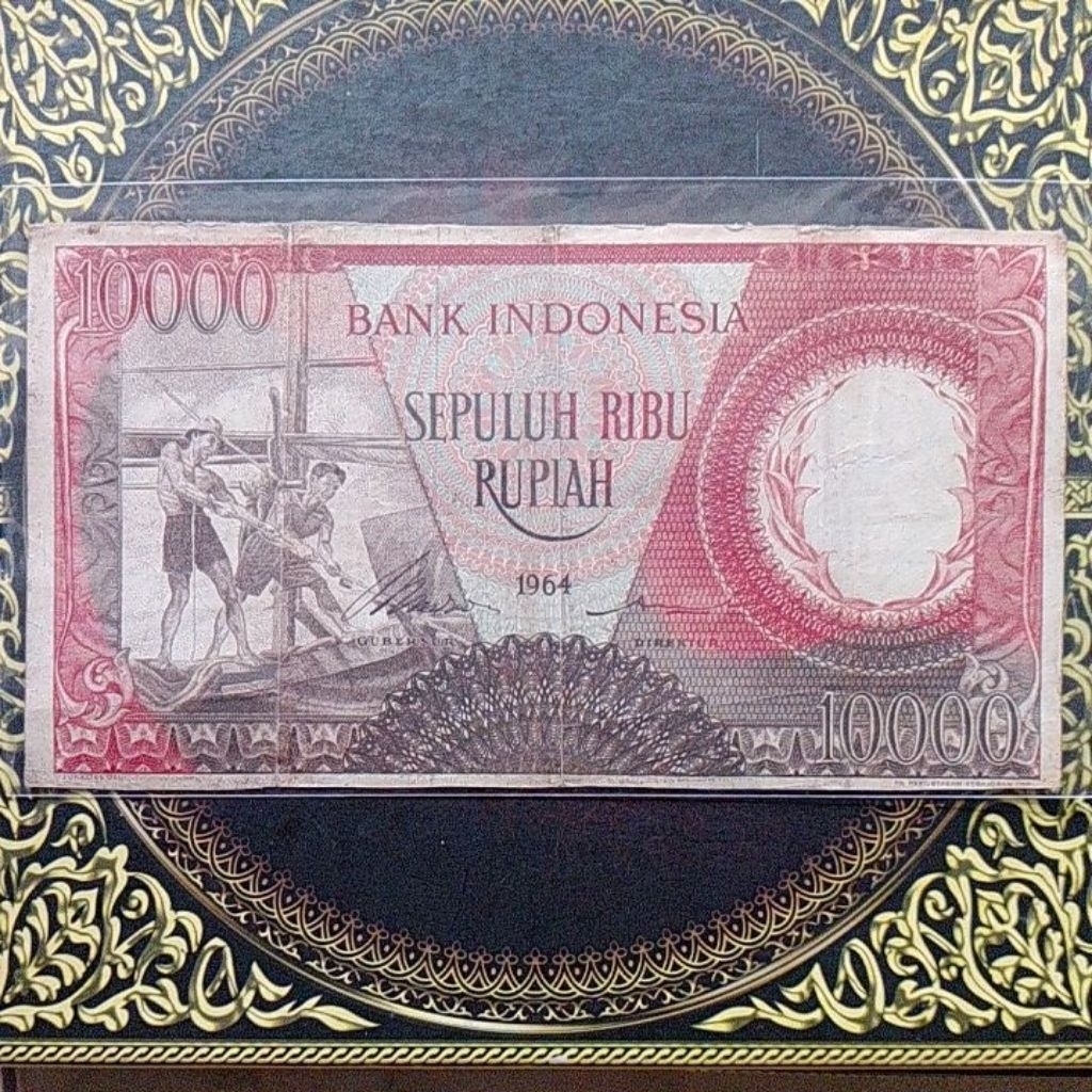 Uang Pekerja 10000 rupiah merah 1964 vf cutting